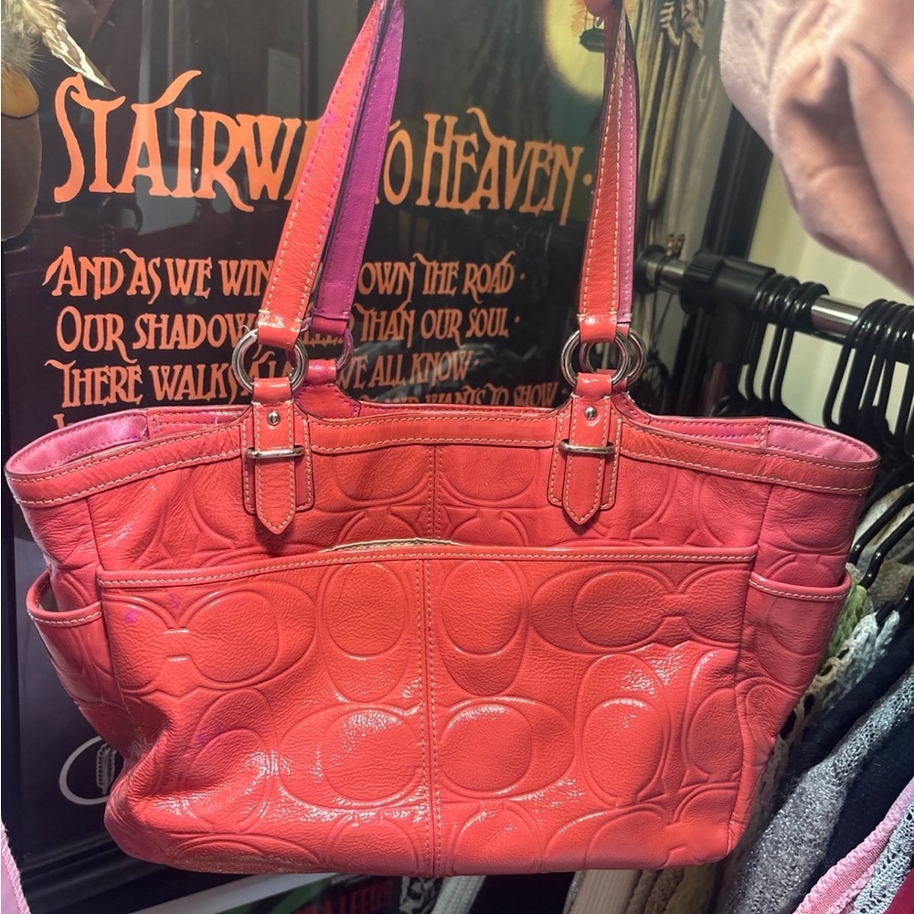 Coach Pink Embossed Leather Tote - Picture 2 of 6